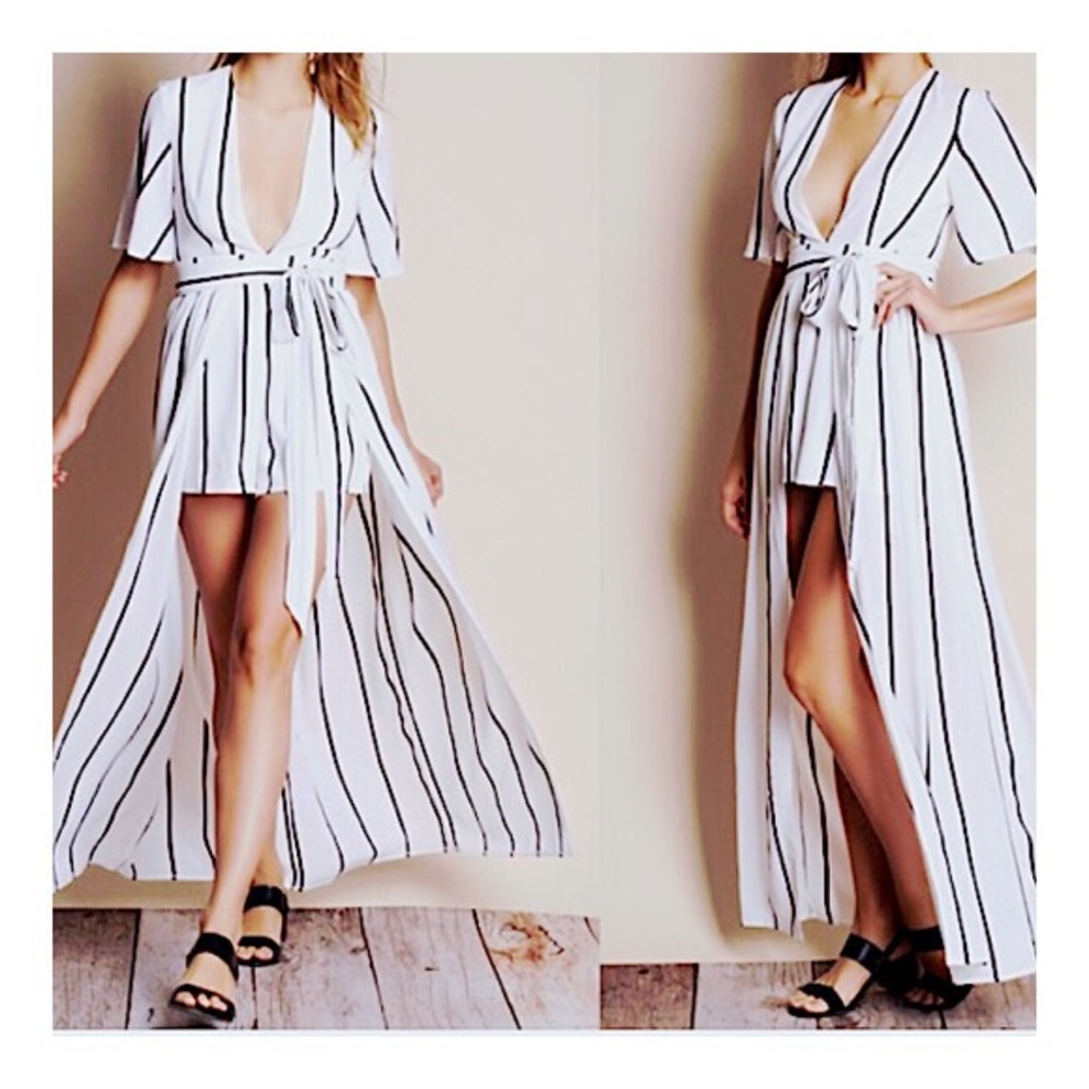 White & Black Striped Maxi Dress with shorts